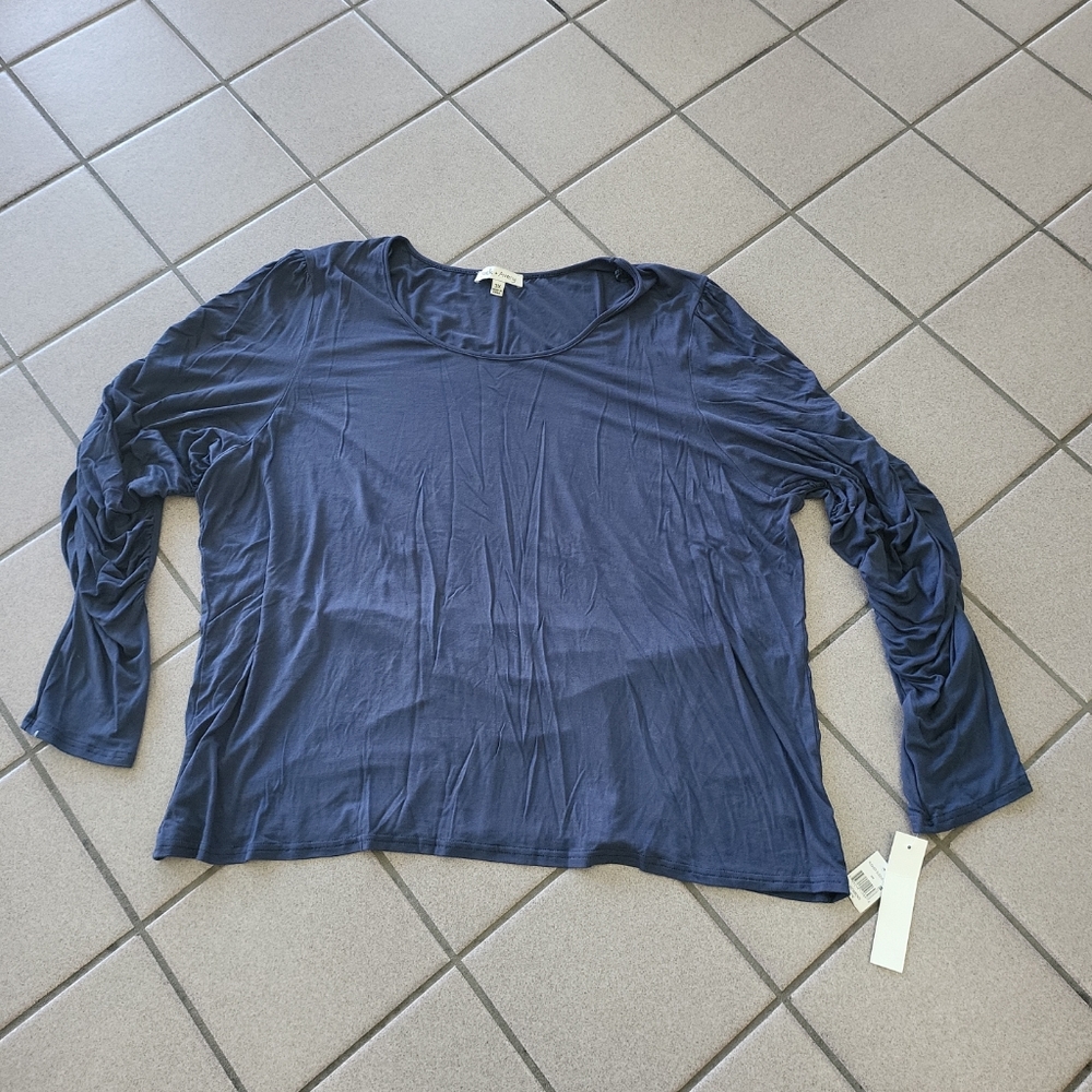 NWT Women's Size 3X Jack + Avery Blue Ruched Sleeve Blouse 95% Rayon 5% Spandex